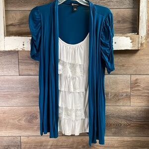 AB Studio Ladies Ruffled Layer Look Top, Size Small, Dark Teal and White